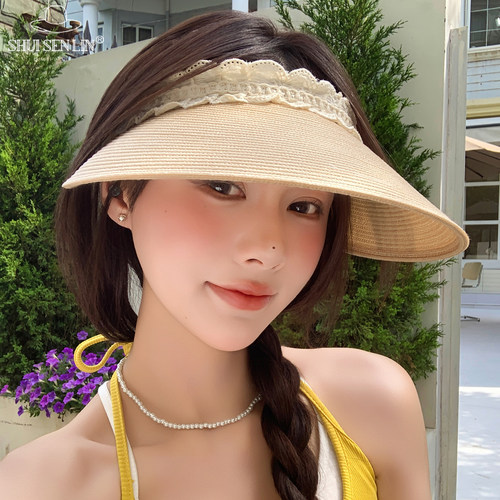法式蕾丝花边草编发箍空顶帽女夏季新款海边度假沙滩太阳帽防晒帽