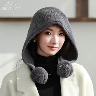 100%羊毛克拉法拉帽女秋冬季显脸小护耳针织毛线帽保暖护耳包头帽