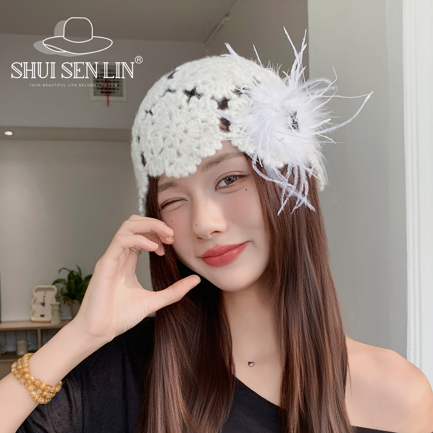 川西出游甜美镂空花朵包头帽冷帽