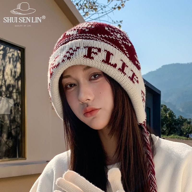 韩版保暖雪花氛围感女大头围护耳流苏针织毛线帽秋冬季保暖雷锋帽