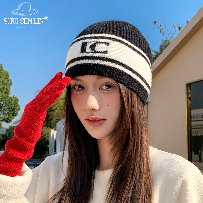 迪丽热巴同款秋冬季女针织帽黑白字母小香风毛线帽子冷帽套头帽潮