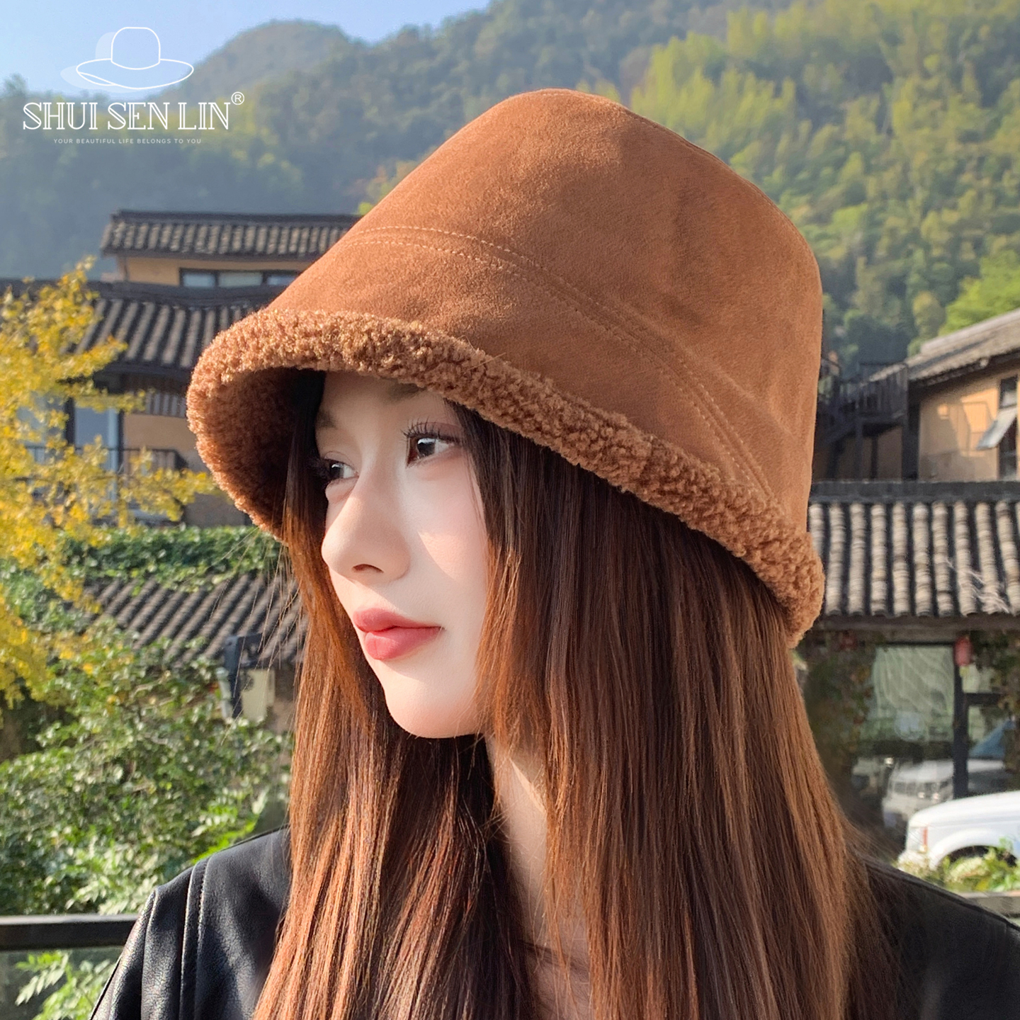 毛绒渔夫帽子女秋冬新款大头围羊羔毛前长后短水桶帽保暖防寒盆帽