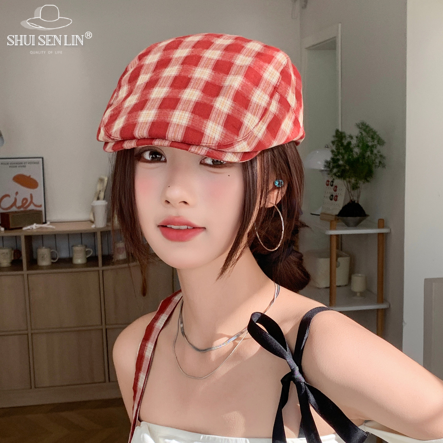 韩版文艺经典格纹鸭舌贝雷帽女春秋季夏时尚百搭显脸小潮流前进帽
