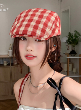前进帽子女时尚格子贝雷帽显脸小