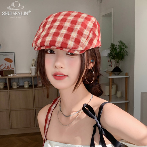 前进帽子女时尚格子贝雷帽显脸小