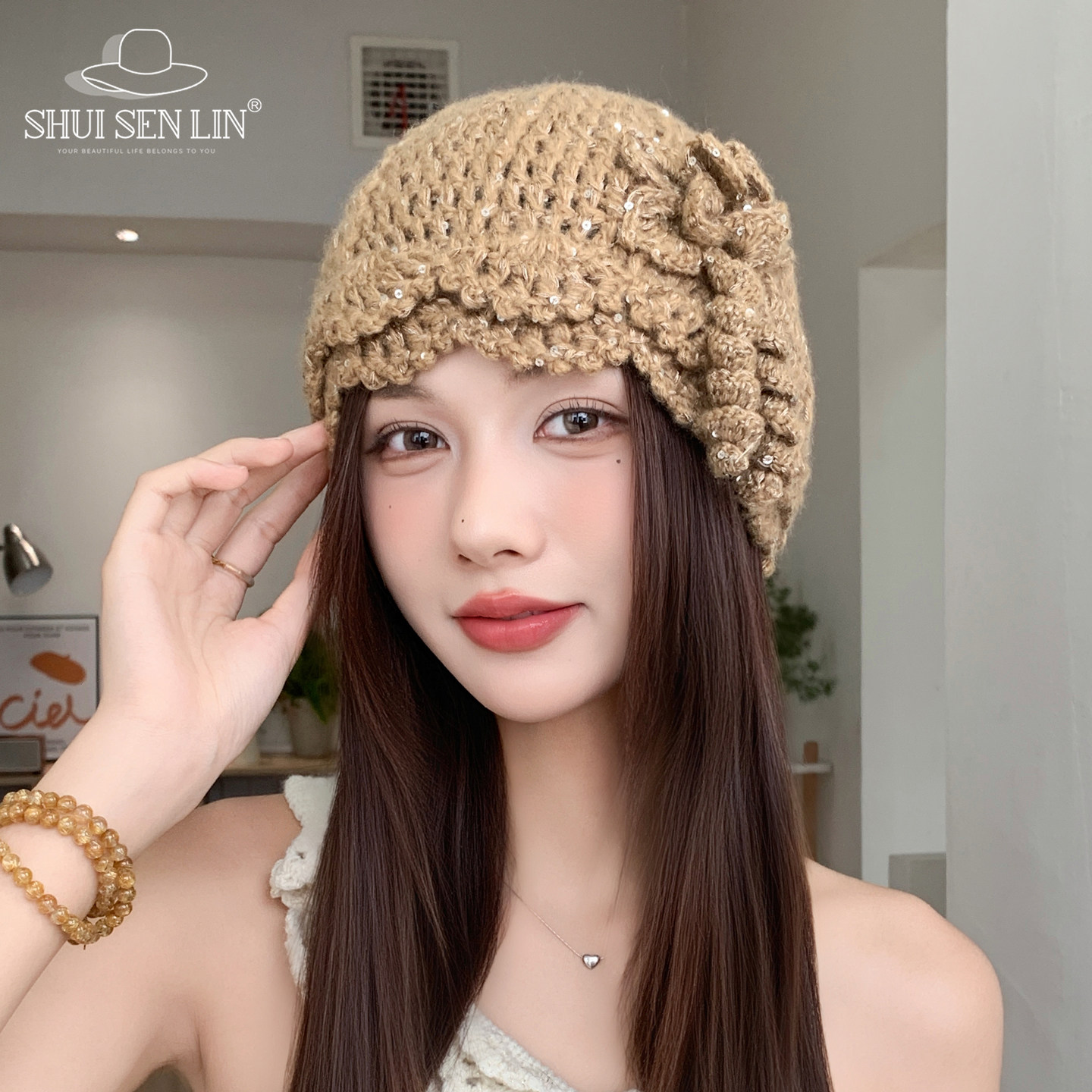 手工编织亮片包头帽子女秋冬季保暖立体花朵文艺氛围感百搭针织帽,服饰配件/皮带/帽子/围巾,帽子,淘宝优惠券,粉丝福利购,淘宝优惠卷
