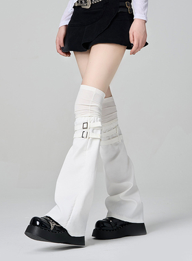 拼接假两件腿套黑白色个性设计过膝大腿袜亚文化皮扣堆堆阔腿袜套