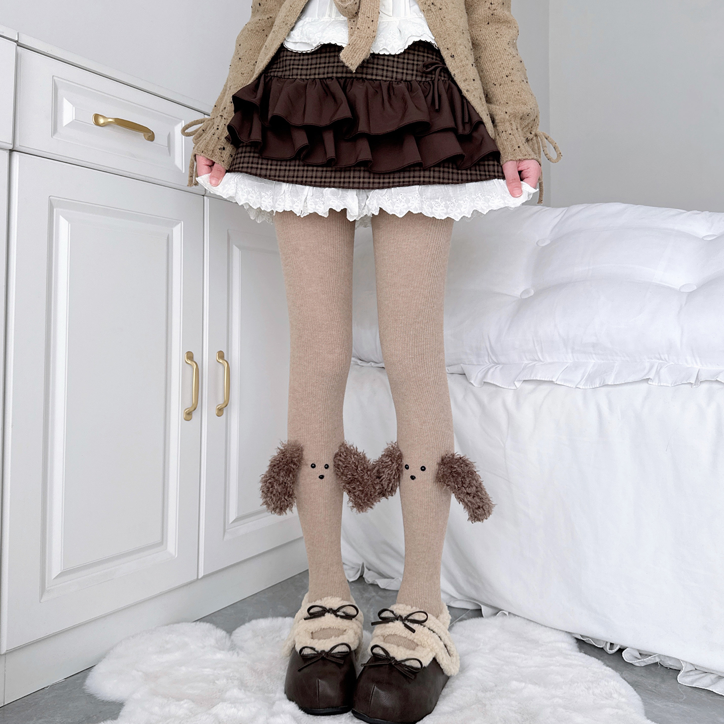 复古棕色小狗连裤袜女洛丽塔可爱