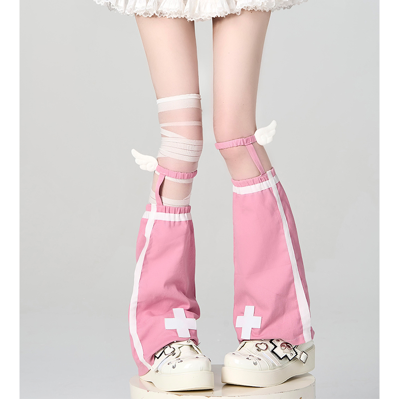 y2k十字架朋克粉色堆堆绑带袜套
