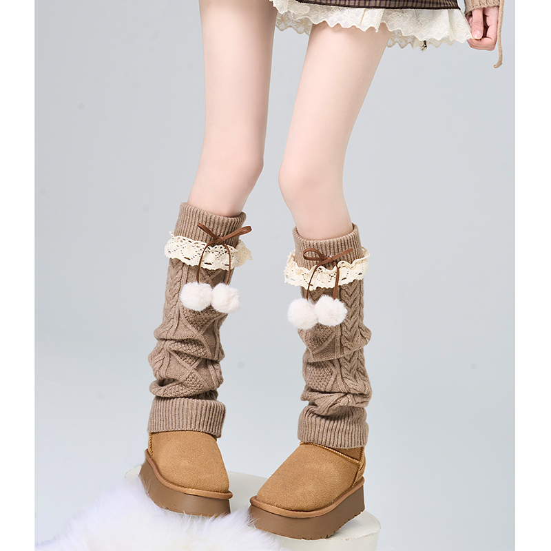 自制甜美lo日系复古毛球花边腿套