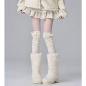 洛丽塔蝴蝶结配靴堆堆袜女长筒过膝袜白色春秋棉冬雪地jk少女长袜