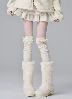 洛丽塔蝴蝶结配靴堆堆袜女长筒过膝袜白色春秋棉冬雪地jk少女长袜