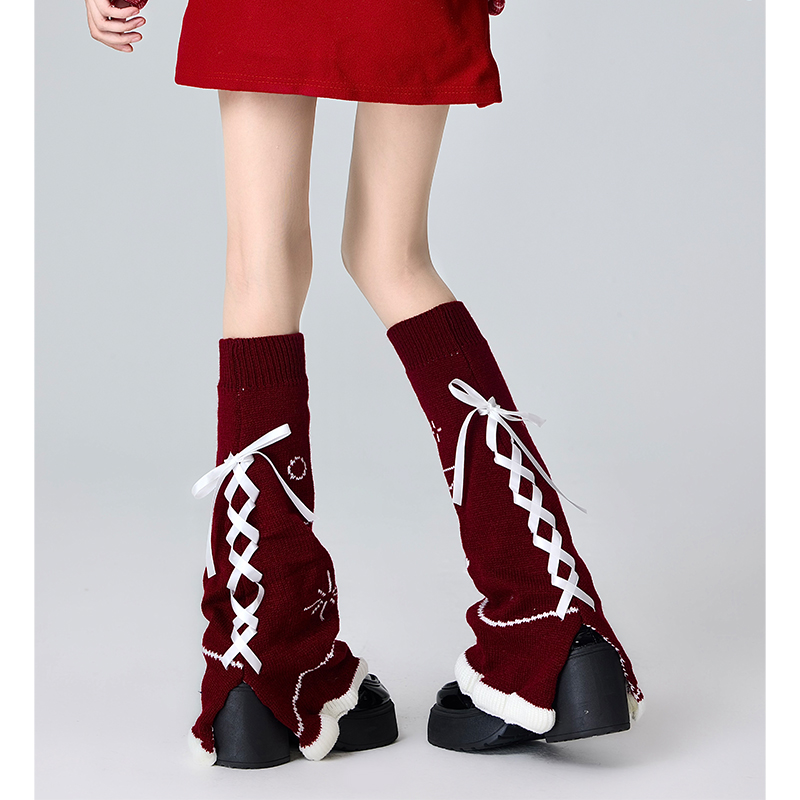 圣诞红新年萌袜套蝴蝶结丝带袜子