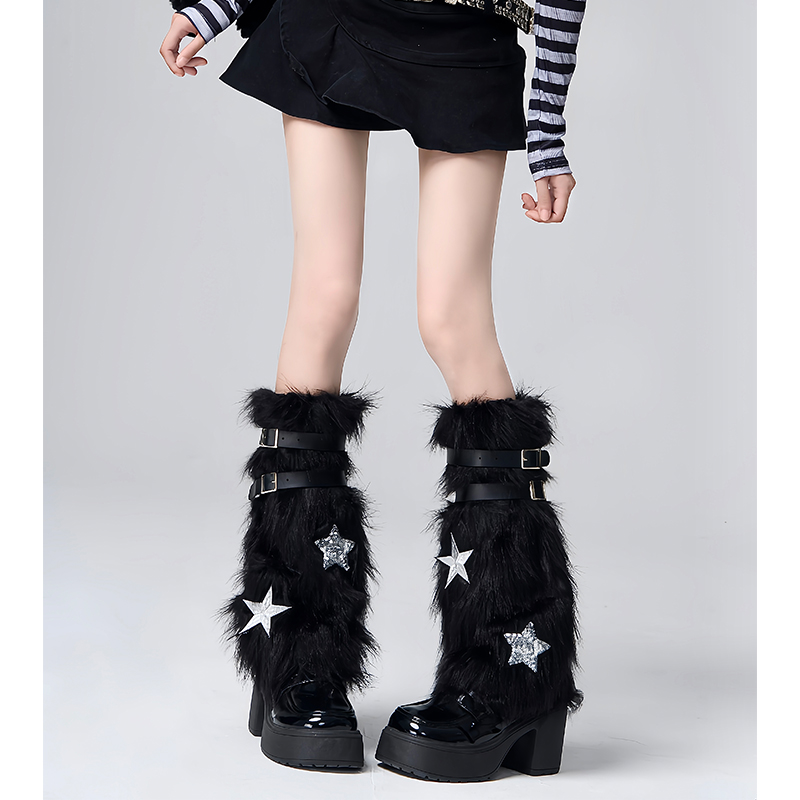 朋克辣妹亚文化毛绒绑带腿套黑色