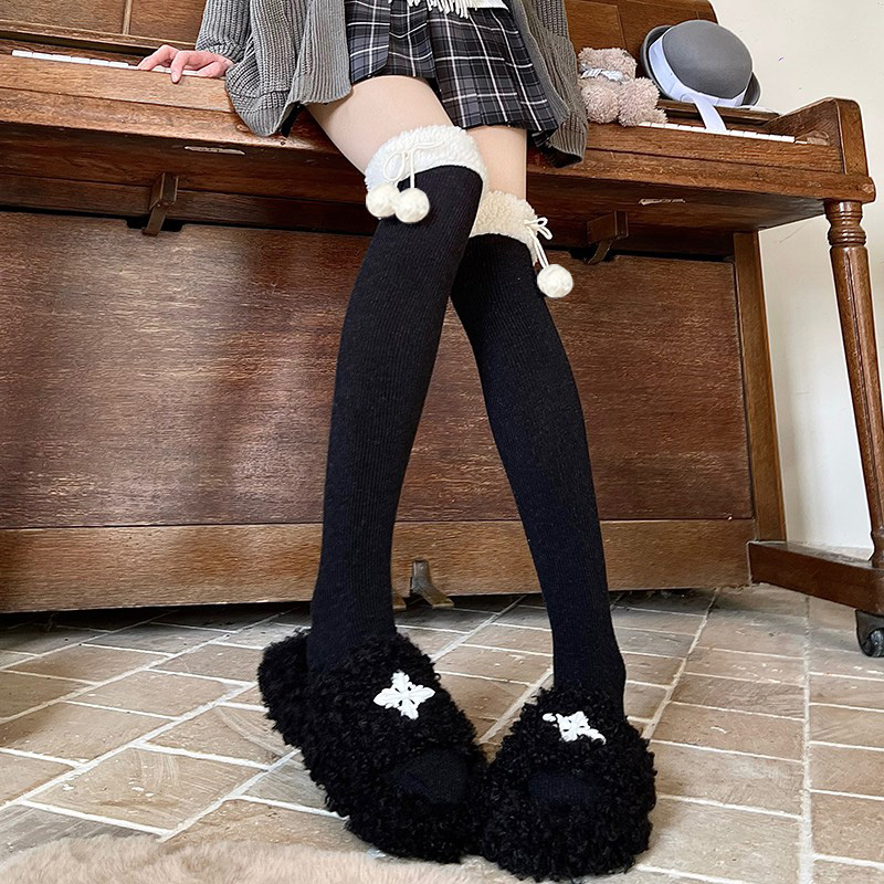 萨喜高筒美腿毛圈简约毛球