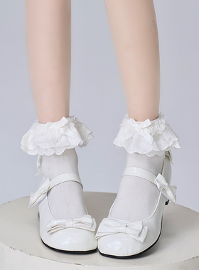 Lolita甜美白色花边袜子女洛丽塔短筒蕾丝蝴蝶结百搭jk堆堆袜女