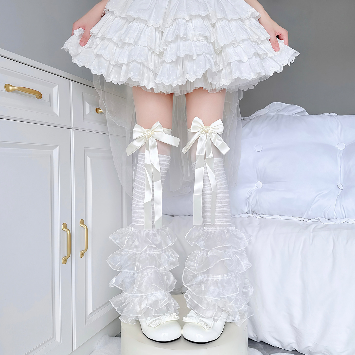 Lolita白色纱网花边袜女叠穿蝴蝶结过膝袜甜美堆堆洛丽塔过膝袜套