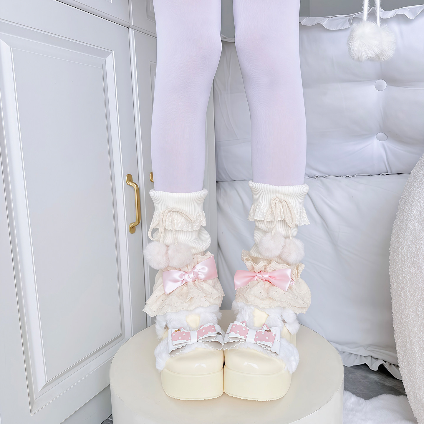 日系叠穿蛋糕千层春秋蝴蝶结lolita毛球软妹小腿堆堆蕾丝花边袜套,女士内衣/男士内衣/家居服,中筒袜,淘宝优惠券,粉丝福利购,淘宝优惠卷