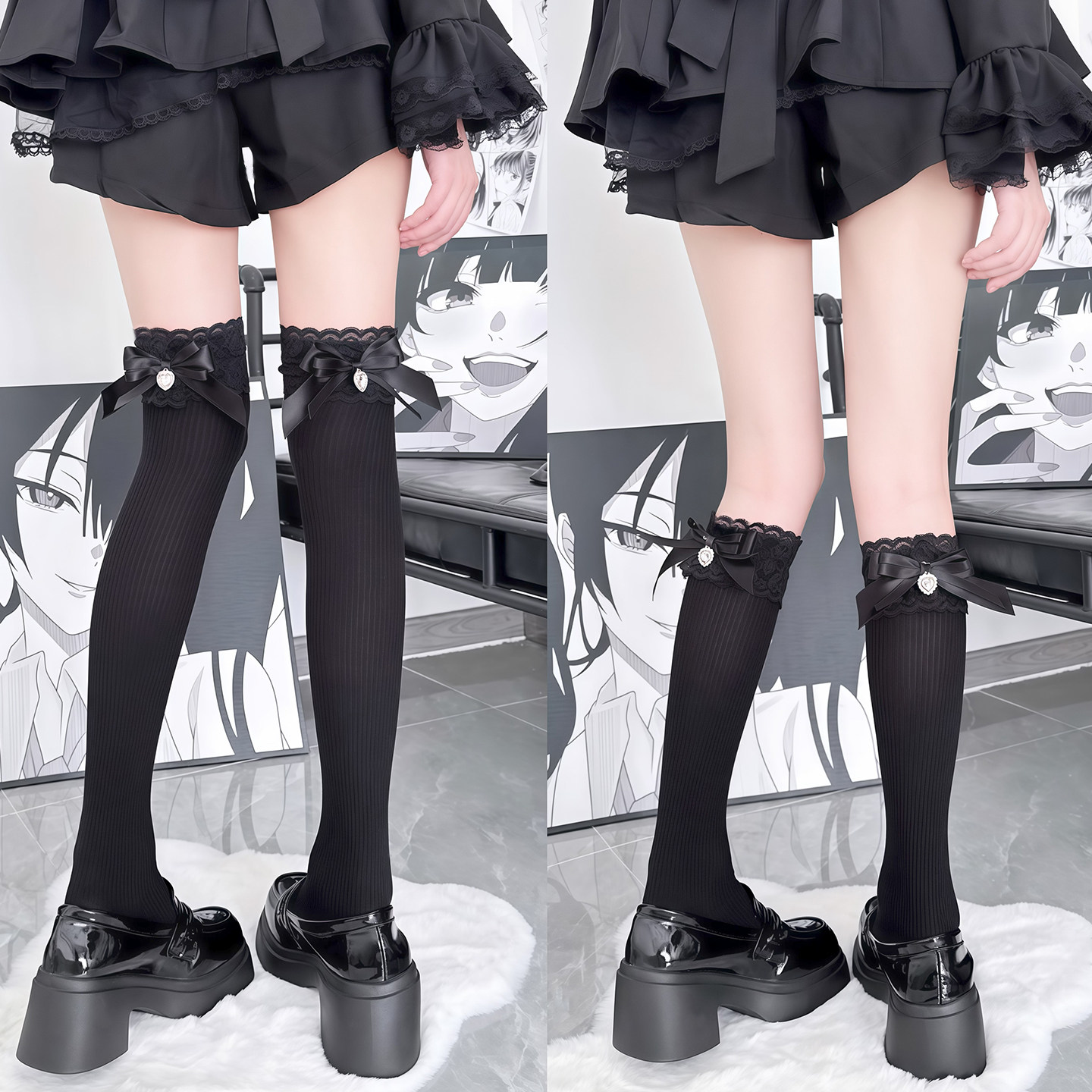 蕾系暗黑蕾丝花边背后蝴蝶结水钻长筒过膝显瘦黑色中筒小腿袜y2k,女士内衣/男士内衣/家居服,长筒袜,淘宝优惠券,粉丝福利购,淘宝优惠卷