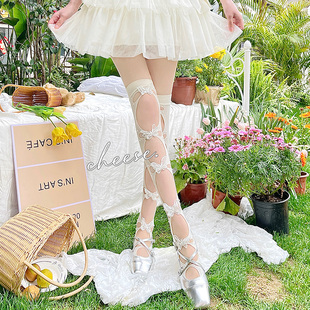 白色个性大洞袜子女高筒过膝立体蝴蝶法式甜美镂空lolita大腿长袜