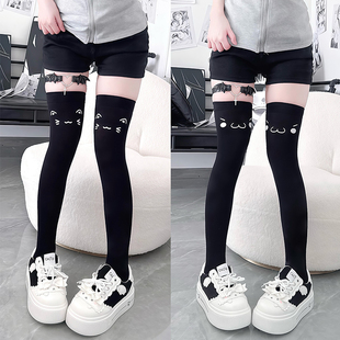 原创日系颜文字小猫软妹可爱印花亚比过膝袜纯欲二次元表情黑丝袜