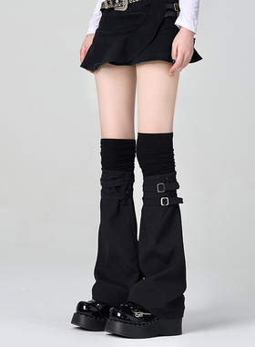 黑色高级拼接假两件过膝腿套个性堆堆大腿袜亚文化皮扣阔腿袜套薄