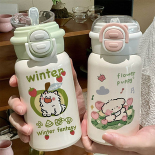 卡通可爱吸管保温杯女生2025年新款好看便携提手316不锈钢内胆杯