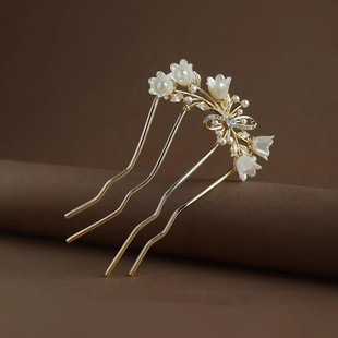 珍珠u型发簪高级感气质水钻古风花朵发钗新中式 簪子插梳盘发头饰