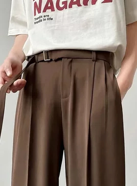 休闲系绳男夏季薄款潮流垂坠高级感直筒裤子高街痞帅黑色阔腿长裤