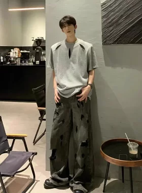 高级感重磅垫肩灰色短袖男款夏季美式痞帅衣服设计感小众男式t恤
