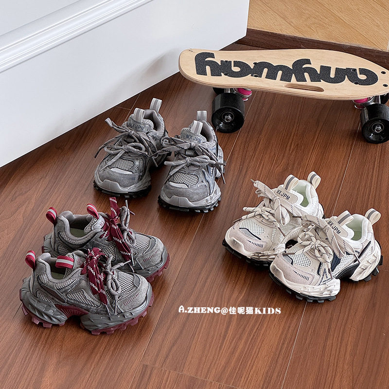 夏季单网儿童巴黎老爹鞋透气防滑男女童跑步鞋擦色做旧厚底老爹鞋