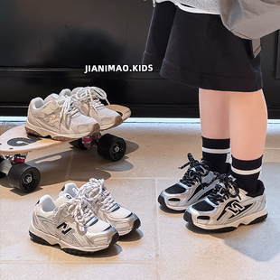 儿童运动鞋春秋男女童慢跑鞋时尚N字双系带网面透气男女童老爹鞋n