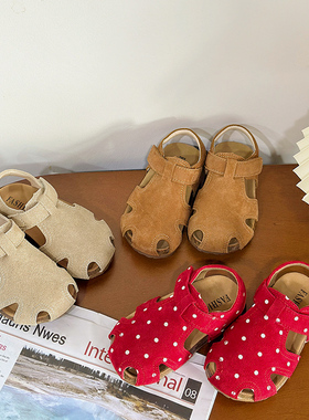 儿童真皮博肯鞋夏季韩版男童软木包头沙滩鞋女童红色波点公主凉鞋