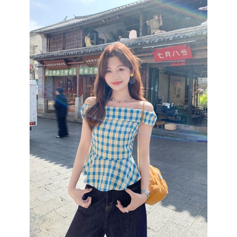 法式一字肩蓝色格子短袖衬衫女夏T恤