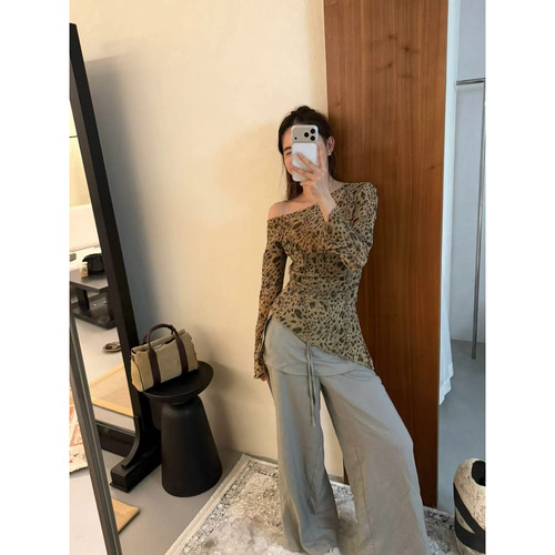 立方+秋上新爆款韩系复古豹纹不规则网纱小衫