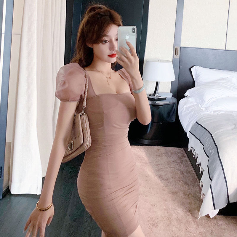 网红美女主播超仙网纱泡泡袖短裙新款夜场性感修身气质抹胸连衣裙