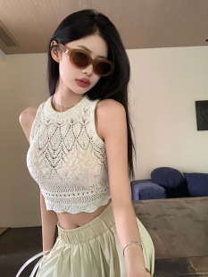 2023夏季新款时尚圆领钩花镂空无袖针织衫毛衣女性感短款露脐上衣