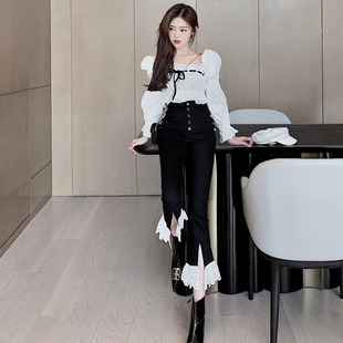 秋季 高腰花边喇叭长裤 新款 系带甜美衬衫 方领泡泡袖 纯欲仙女套装