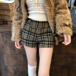 冬季呢料A字格纹短裤女秋冬美式复古显瘦休闲裤性感低腰辣妹热裤