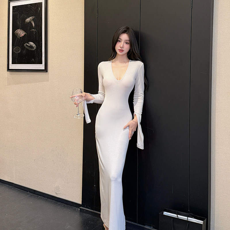 御姐范性感裙子曲线雕塑师深U领长袖打底连衣裙露背收腰针织长裙,女装/女士精品,连衣裙,淘宝优惠券,粉丝福利购,淘宝优惠卷