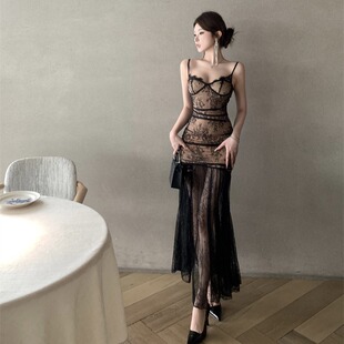 性感蕾丝蕾丝连衣裙女秋冬新款 包臀礼服裙 心机透视网纱拼接中长款