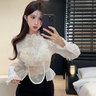 立领小香风蕾丝衫 花瓣拼接不规则重工上衣 春季 超仙美名媛气质修身