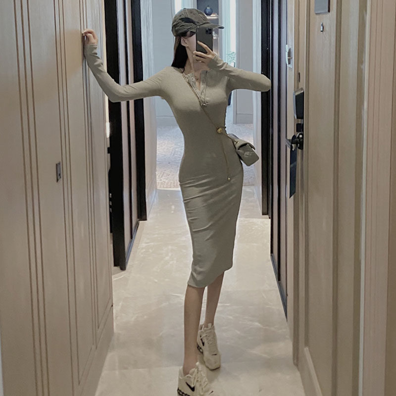 气质韩版修身中长款包臀连衣裙2020秋季新款开叉性感长袖打底女装