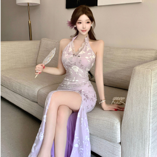 提花绝美收腰性感包臀长裙 挂脖连衣裙早秋修身 新中式 改良旗袍无袖