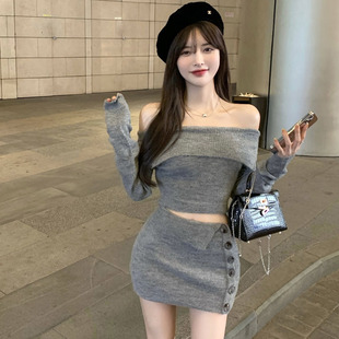 秋冬新款性感针织套装两件套一字肩翻领短款上衣+纽扣包臀连衣裙