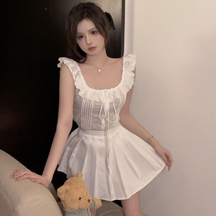 高腰百褶裙 荷叶边甜辣系带上衣 纯欲风白色小个子套装 2022夏新款