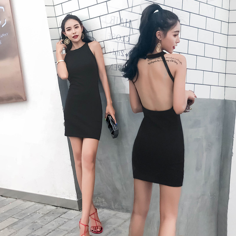 欧美风大露背夜场女装短裙2018夏季时髦镂空性感挂脖无袖连衣裙子