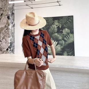 英伦风休闲百搭50855 减龄学院风圆领菱格纹短袖 25冬季 新品