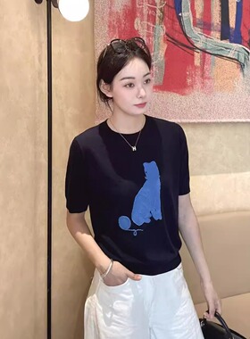 2025早秋新品重工线团蓝猫咪圆领针织短袖-不能机洗甩干50599