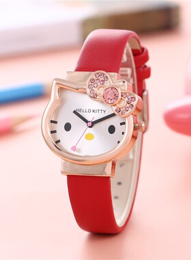 动漫卡通小孩手表KT猫学生女生儿童腕表镶钻可爱猫咪指针式石英表